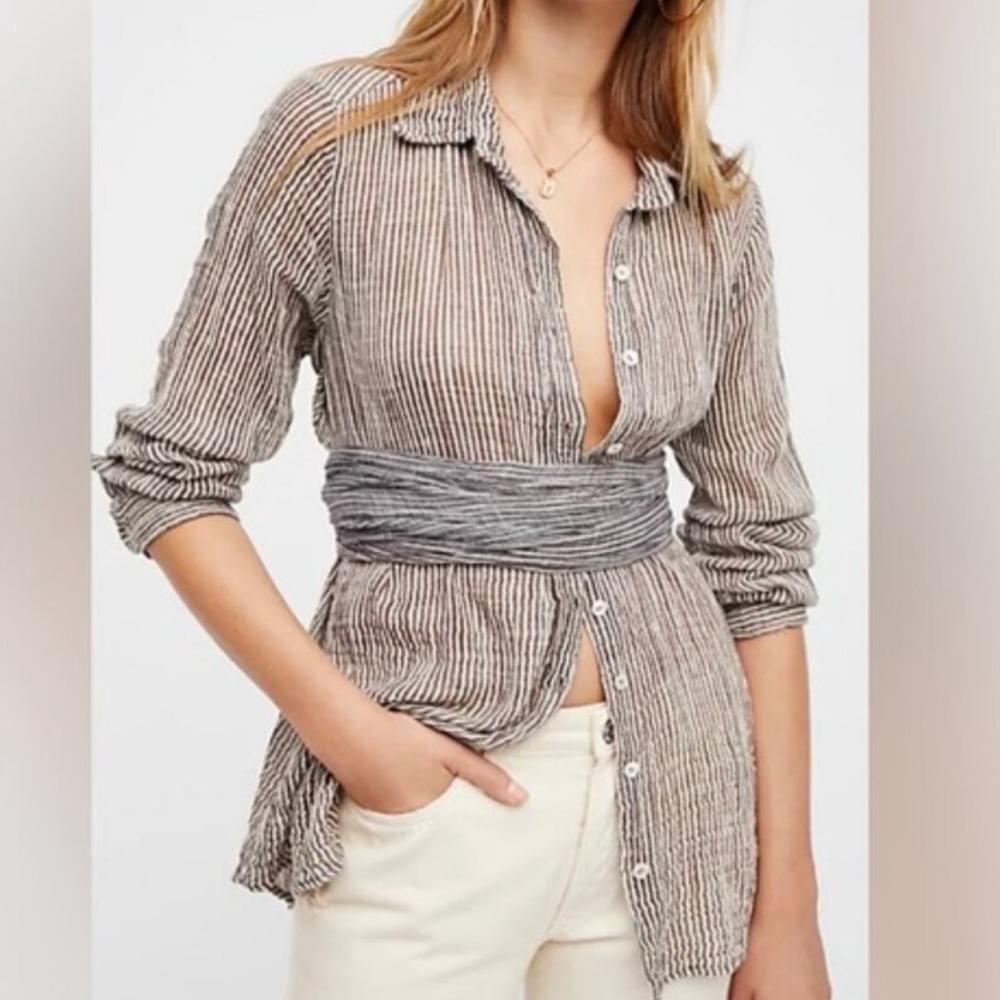 FP One Railroad Striped Wrap Around Gauzey Top Button front long sleeve